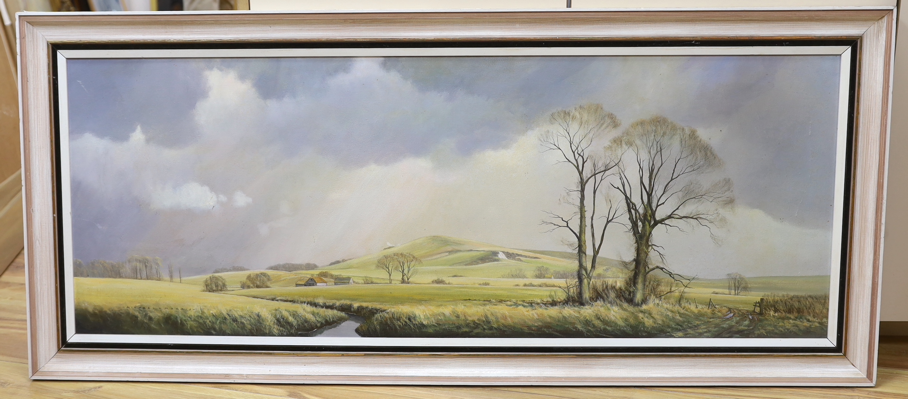 Michael Morris (1938-2010), oil on canvas, 'Wolstonbury Hill, Sussex', E. Stacy-Marks label verso, signed, 44 x 120cm